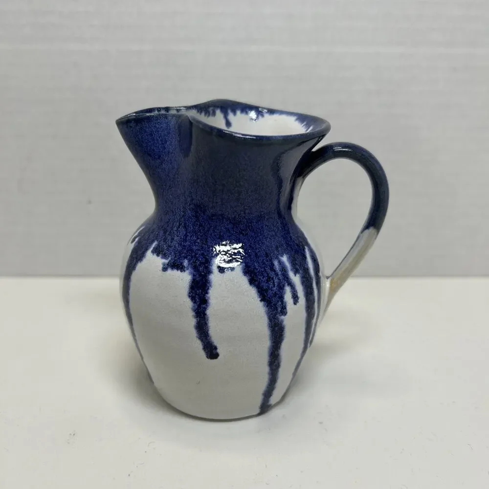 Vtg Holly Hill Pottery Seagrove NC Cream Pitcher Blue Drip Glaze Over White ARB